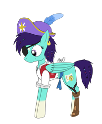 Size: 1965x2388 | Tagged: safe, artist:madtown97, oc, oc only, oc:morningstar compass, pegasus, pony, g4, amputee, beads, braid, clothes, coat markings, ear piercing, earring, eyepatch, female, hat, historical, history, jewelry, piercing, pirate, pirate hat, prosthetic leg, prosthetic limb, prosthetics, purple eyes, purple hair, simple background, solo, tattered, transparent background, vest