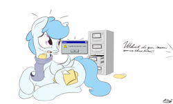 Size: 5092x3080 | Tagged: safe, artist:ricy, oc, oc only, oc:file folder, pegasus, pony, cabinet, caught, clothes, commission, folder, male, offscreen character, open mouth, pegasus oc, scared, scarf, simple background, sitting, solo, stallion, white background, wings
