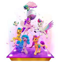 Size: 710x710 | Tagged: safe, gameloft, hitch trailblazer, izzy moonbow, pipp petals, sparky sparkeroni, sunny starscout, zipp storm, bird, earth pony, pegasus, pony, unicorn, g5, my little pony: mane merge, 3d, female, male, mane five, mare, royal sisters (g5), siblings, simple background, sisters, stallion, transparent background
