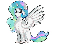 Size: 3800x2800 | Tagged: safe, artist:mylittlegodzilla, princess celestia, alicorn, pony, g4, aside glance, chest fluff, colored hooves, curved horn, female, fluffy, freckles, high res, hoof fluff, horn, leg fluff, looking at you, missing accessory, missing cutie mark, shoulder fluff, simple background, sitting, solo, sparkly mane, spread wings, teenager, three quarter view, transparent background, wings, young celestia