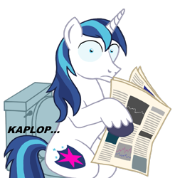 Size: 1105x1123 | Tagged: safe, anonymous artist, shining armor, pony, unicorn, g4, but why, implied pooping, implied scat, newspaper, onomatopoeia, scared, simple background, sitting, sitting on toilet, solo, toilet, toilet paper, transparent background, wide eyes