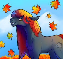 Size: 1280x1200 | Tagged: safe, artist:whitearbalest, oc, oc only, oc:rain drop, earth pony, pony, autumn, leaves, long ears, smiling, solo