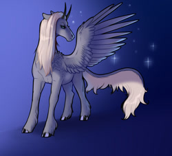 Size: 1280x1160 | Tagged: safe, artist:whitearbalest, oc, oc only, oc:valaak, hybrid, pony, gradient background, grumpy, horns, male, solo, spread wings, wings