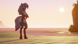 Size: 1280x720 | Tagged: safe, artist:spongepierre, oc, oc only, oc:blood stain, earth pony, anthro, unguligrade anthro, 3d, armor, beach, commission, crossed arms, ocean, rule 63, solo, sunset, tower unite, unconvincing armor, video game, water