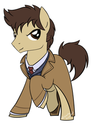 Size: 1700x2300 | Tagged: safe, artist:pencilsparkreignited, doctor whooves, time turner, earth pony, pony, g4, blazer, blue suit, brown coat, brown eyes, brown mane, clothes, coat, david tennant, doctor who, male, overcoat, red tie, short tail, sideburns, simple background, solo, spiky mane, stallion, tail, tenth doctor, timelord, watermark