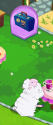 Size: 370x873 | Tagged: safe, gameloft, sheep, g4, my little pony: magic princess, cloven hooves, cup, eyes closed, gameloft shenanigans, luggage, sitting, table, wool