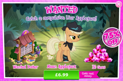 Size: 1957x1297 | Tagged: safe, gameloft, applejack, mean applejack, earth pony, pony, g4, my little pony: magic princess, the mean 6, advertisement, applejack's hat, bandana, bucket, bush, clone, costs real money, cowboy hat, english, female, gem, hat, introduction card, leg wraps, mare, mirror universe, numbers, sale, solo, text, tree, wanted poster