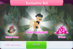 Size: 1268x858 | Tagged: safe, alternate character, alternate version, gameloft, applejack, mean applejack, earth pony, pony, g4, my little pony: magic princess, the mean 6, alternate style, applejack's hat, bandana, bucket, bundle, bush, clone, costs real money, cowboy hat, english, female, gem, hat, leg wraps, mare, mirror universe, numbers, sale, solo, text, tree, wanted poster