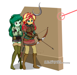 Size: 1302x1273 | Tagged: safe, artist:twilite-sparkleplz, sunset shimmer, wallflower blush, human, equestria girls, arrow, bow (weapon), bow and arrow, crossover, duo, duo female, female, laser, simple background, the legend of zelda, the legend of zelda: breath of the wild, weapon, white background