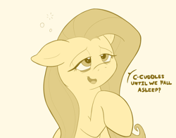 Size: 2736x2160 | Tagged: safe, artist:sspore, fluttershy, pony, g4, bust, cute, dialogue, drunk, drunk bubbles, drunkershy, emanata, female, floppy ears, high res, lidded eyes, mare, monochrome, one ear down, open mouth, raised hoof, shyabetes, simple background, sleepy, solo, speech bubble, talking to viewer, three quarter view, white background