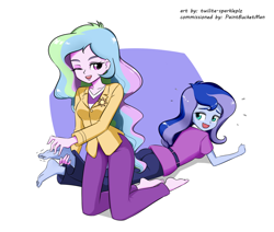 Size: 1300x1100 | Tagged: safe, artist:twilite-sparkleplz, princess celestia, princess luna, principal celestia, vice principal luna, human, equestria girls, g4, ass, barefoot, butt, clothes, duo, duo female, feet, female, fetish, foot fetish, foot tickling, jacket, laughing, missing shoes, one eye closed, pants, royal sisters, siblings, simple background, sisters, soles, tickle fetish, tickling, toes, white background, wink