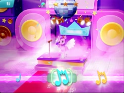 Size: 1714x1290 | Tagged: safe, gameloft, pipp petals, pegasus, pony, g5, my little pony: mane merge, disco ball, microphone, speaker, stage