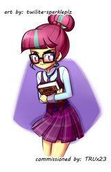 Size: 485x748 | Tagged: safe, artist:twilite-sparkleplz, sour sweet, human, equestria girls, g4, adorkable, alternate hairstyle, blushing, book, clothes, clothes swap, crystal prep academy uniform, cute, dork, female, glasses, hair bun, kama sutra, meganekko, nerd, school uniform, simple background, solo, white background