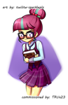 Size: 485x748 | Tagged: safe, artist:twilite-sparkleplz, sour sweet, human, equestria girls, alternate hairstyle, blushing, book, clothes swap, female, glasses, hair bun, kama sutra, nerd, simple background, solo, white background