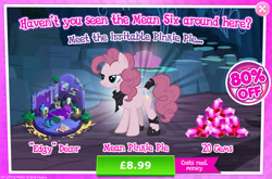 Size: 1957x1292 | Tagged: safe, mean pinkie pie, pinkie pie, earth pony, pony, official, the mean 6, advertisement, bandana, bed, bedroom, book, boots, candle, clone, costs real money, curtains, english, female, gameloft, gem, guitar, horns, leg wraps, mare, musical instrument, numbers, pillow, plant, poster, sale, shoes, skull, solo, solo focus, speaker, tail, tail wrap, text