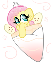 Size: 831x1019 | Tagged: safe, artist:sugarcloud12, fluttershy, pony, g4, banana crepe, chibi, simple background, solo, white background