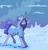 Size: 1446x1516 | Tagged: safe, artist:paskanaakka, derpibooru exclusive, oc, oc only, oc:midnight dew, pony, unicorn, cloak, clothes, colored hooves, female, hood, horn, mare, pony oc, snow, solo, stars, tail, tail wrap, unicorn oc, unshorn fetlocks, winter