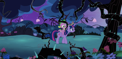 Size: 2222x1080 | Tagged: safe, composite screencap, edit, edited screencap, screencap, spike, twilight sparkle, alicorn, dragon, pony, princess twilight sparkle (episode), big crown thingy, black vine, dragons riding ponies, element of magic, everfree forest, jewelry, regalia, riding, spike riding twilight, twilight sparkle (alicorn)
