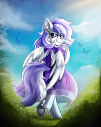 Size: 2401x3000 | Tagged: safe, artist:deraniel, oc, oc:chicanery, pegasus, pony, bipedal, clothes, dress, female, high res, looking at you, looking back, looking back at you, mare, outdoors, sky, smiling, solo, underhoof