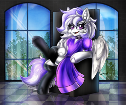 Size: 2480x2061 | Tagged: safe, alternate version, artist:deraniel, oc, oc only, oc:chicanery, pegasus, pony, clothes, dress, reflection, solo, stockings, thigh highs, throne, window