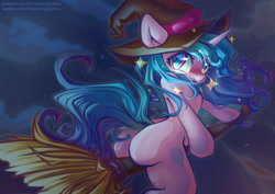 Size: 1323x935 | Tagged: safe, artist:chaosangeldesu, izzy moonbow, pony, unicorn, semi-anthro, g5, my little pony: a new generation, :p, arm hooves, blushing, broom, butt, cute, flying, flying broomstick, hat, human shoulders, izzy moonbutt, izzybetes, plot, riding, sitting, solo, tongue out, witch, witch hat