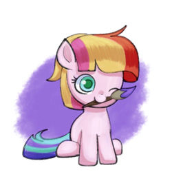 Size: 894x894 | Tagged: safe, artist:andromedasparkz, toola roola, earth pony, pony, g4, cute, female, filly, foal, looking at you, one eye closed, paintbrush, roolabetes, smiling, smiling at you, solo, wink, winking at you