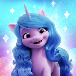 Size: 1024x1024 | Tagged: safe, gameloft, izzy moonbow, pony, unicorn, g5, my little pony: a new generation, my little pony: mane merge, official, abstract background, app icon, female, mare, solo, stock render