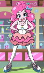 Size: 1104x1800 | Tagged: safe, artist:howlthebadman, pinkie pie, human, equestria girls, g4, blushing, bow, breasts, busty pinkie pie, clothes, cute, diapinkes, female, hair bow, hand on hip, looking at you, open mouth, skirt, solo, stockings, sugarcube corner, thigh highs