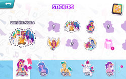 Size: 2880x1800 | Tagged: safe, gameloft, argyle starshine, hitch trailblazer, izzy moonbow, pipp petals, sunny starscout, zipp storm, earth pony, pegasus, pony, unicorn, g5, my little pony: mane merge, my little pony: tell your tale, official, father and child, father and daughter, female, filly, filly sunny starscout, male, mane five, mane stripe sunny, mare, stallion, sticker, video game, younger