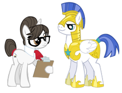 Size: 2375x1815 | Tagged: safe, artist:a01421, artist:thebosscamacho, edit, vector edit, raven, pegasus, pony, unicorn, g4, the crystal empire, armor, choker, clipboard, female, glasses, guardwell, male, mare, royal guard, royal guard armor, shipping, simple background, smiling, stallion, straight, transparent background, vector