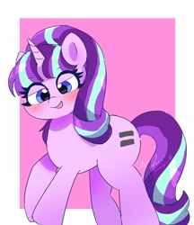 Size: 2635x3048 | Tagged: safe, artist:leo19969525, starlight glimmer, pony, unicorn, g4, blue eyes, blushing, cute, ears, ears up, equal cutie mark, female, glimmerbetes, high res, horn, looking at you, mare, open mouth, open smile, pink background, s5 starlight, simple background, smiling, solo