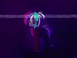 Size: 1440x1080 | Tagged: safe, artist:menalia, oc, oc only, oc:freezy coldres, pony, unicorn, angry, animated, clothes, error, female, glitch, horn, mare, no sound, pants, ponytail, shirt, shoes, solo, vhs, webm