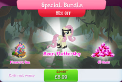 Size: 1268x859 | Tagged: safe, fluttershy, mean fluttershy, pegasus, pony, official, the mean 6, bundle, clone, costs real money, english, female, fireworks, folded wings, gameloft, gem, headband, leg wraps, mare, numbers, sale, solo, solo focus, text, wings