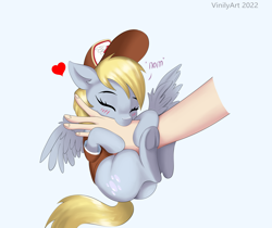 Size: 3888x3272 | Tagged: safe, artist:vinilyart, derpy hooves, human, pegasus, pony, biting, blushing, clothes, cute, derpabetes, eyes closed, hand, nom, offscreen character
