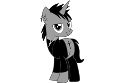 Size: 1200x800 | Tagged: safe, alternate version, artist:ruchiyoto, oc, oc only, oc:black cross, pony, unicorn, 2023 community collab, derpibooru community collaboration, boots, clothes, male, shoes, simple background, smiling, solo, stallion, transparent background