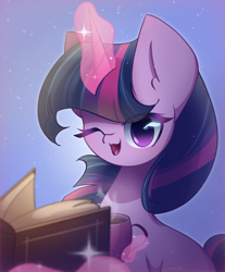 Size: 1800x2170 | Tagged: safe, artist:miryelis, twilight sparkle, pony, unicorn, g4, big ears, book, commission, cup, cute, female, glowing, glowing horn, gradient background, horn, impossibly large ears, levitation, looking at you, magic, magic aura, mare, one eye closed, smiling, smiling at you, solo, telekinesis, wink, winking at you