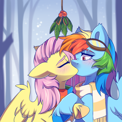 Size: 4190x4170 | Tagged: safe, artist:cheekipone, fluttershy, rainbow dash, pegasus, pony, g4, absurd resolution, blushing, bust, clothes, duo, duo female, eyebrow slit, eyebrows, eyes closed, female, floppy ears, goggles, goggles on head, heart, heart eyes, holly, holly mistaken for mistletoe, kiss on the lips, kissing, lesbian, mare, outdoors, partially open wings, scarf, ship:flutterdash, shipping, snow, snowfall, striped scarf, unshorn fetlocks, wingding eyes, wings, winter outfit