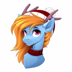 Size: 2560x2560 | Tagged: safe, artist:buvanybu, oc, oc only, oc:comet dasher, pony, antlers, christmas, collar, hat, high res, holiday, santa hat, simple background, solo, white background