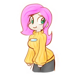 Size: 900x900 | Tagged: safe, artist:zutcha, fluttershy, human, g4, :t, among us, breasts, busty fluttershy, clothes, humanized, keyhole turtleneck, looking back, simple background, smiling, solo, sweater, sweatershy, turtleneck, white background
