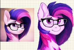 Size: 1865x1261 | Tagged: safe, ai assisted, ai content, ai reference, artist:spark, twilight sparkle, alicorn, pony, g4, ai interpretation, background pony, copy and paste, duo, ear fluff, glasses, grid paper, looking at you, redraw, smiling, twilight sparkle (alicorn)