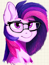 Size: 1445x1916 | Tagged: safe, ai assisted, ai content, artist:spark, twilight sparkle, alicorn, pony, g4, ai interpretation, bust, glasses, grid paper, looking at you, profile, redraw, solo, twilight sparkle (alicorn)