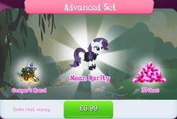 Size: 1270x858 | Tagged: safe, gameloft, mean rarity, rarity, pony, unicorn, g4, my little pony: magic princess, the mean 6, advanced set, bundle, cloak, clone, clothes, compass, costs real money, english, female, fishing rod, gem, hammer, horn, lantern, leg wraps, mare, numbers, sale, saw, shovel, solo, telescope, text, tree, wagon
