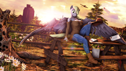 Size: 3840x2160 | Tagged: safe, artist:shadowuwu, derpy hooves, pegasus, anthro, plantigrade anthro, g4, 3d, 4k, breasts, busty derpy hooves, cleavage, derpy nohooves, female, grin, hair over one eye, hat, high res, lens flare, looking at you, mailmare, picnic table, plane, sitting, smiling, solo, source filmmaker, spread wings, table, wings