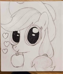 Size: 954x1132 | Tagged: safe, artist:raritymylove, applejack, g4, apple, food, heart, looking at you, solo, traditional art