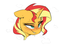 Size: 3123x2225 | Tagged: safe, artist:welost, sunset shimmer, pony, unicorn, bedroom eyes, blushing, heart, heart eyes, horn, lip bite, simple background, sketch, solo, story in the source, story included, sweat, white background, wingding eyes