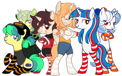 Size: 5045x3160 | Tagged: safe, artist:emperor-anri, artist:howie, oc, oc only, oc:baja blaster, oc:bleach pone, oc:cola popper, oc:dew springs, oc:fruity fizz (fanta), oc:tide pone, alicorn, earth pony, pony, unicorn, alicorn oc, bandaid, bandaid on nose, base used, baseball cap, bipedal, cap, clothes, commission, crossed arms, dress, ear piercing, earring, fangs, female, femboy, flower, flower in hair, hat, headphones, hoodie, horn, horns, hug, jewelry, lip piercing, male, mare, markings, multicolored hair, nose piercing, nose ring, piercing, raised hoof, shirt, shorts, siblings, simple background, sisters, sitting, smiling, smirk, socks, striped socks, sweater, t-shirt, tattoo, transparent background, wall of tags, wings, ych result