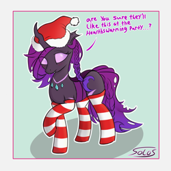Size: 2500x2500 | Tagged: safe, artist:solos, oc, oc only, oc:coco (changeling), changeling, changeling queen, blushing, changeling oc, christmas, christmas changeling, clothes, female, hat, high res, holiday, purple changeling, santa hat, shy, socks, striped socks, text