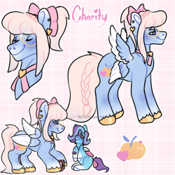 Size: 1280x1280 | Tagged: safe, artist:saltytangerine, glory (g5), oc, pegasus, pony, g5, bandaid, blue coat, bow, braid, braided tail, bust, cutie mark, ear piercing, earring, female, filly, foal, four wings, full body, glasses, hair bow, jewelry, mare, multiple wings, pastel, pegasus oc, piercing, ponytail, reference sheet, smiling, tail, teacher, wings
