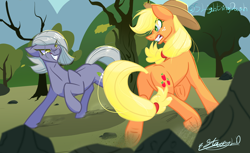 Size: 7278x4445 | Tagged: dead source, safe, artist:staceyld636, applejack, limestone pie, earth pony, pony, g4, angry, butt, commission, duo, evil smile, female, fight, grin, gritted teeth, hat, looking at each other, looking at someone, mare, plot, smiling, smirk, teeth, tree, underhoof, vs