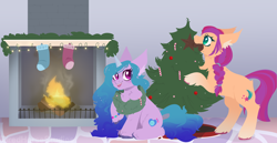 Size: 4376x2250 | Tagged: safe, artist:tired-horse-studios, izzy moonbow, sunny starscout, earth pony, pony, unicorn, g5, candy, candy cane, christmas, christmas lights, christmas stocking, christmas tree, fire, fireplace, food, hearth's warming tree, holiday, tree